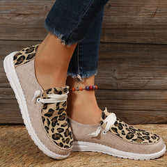 Leopard Print Loafers Lace Up Flat Canvas Shoes
