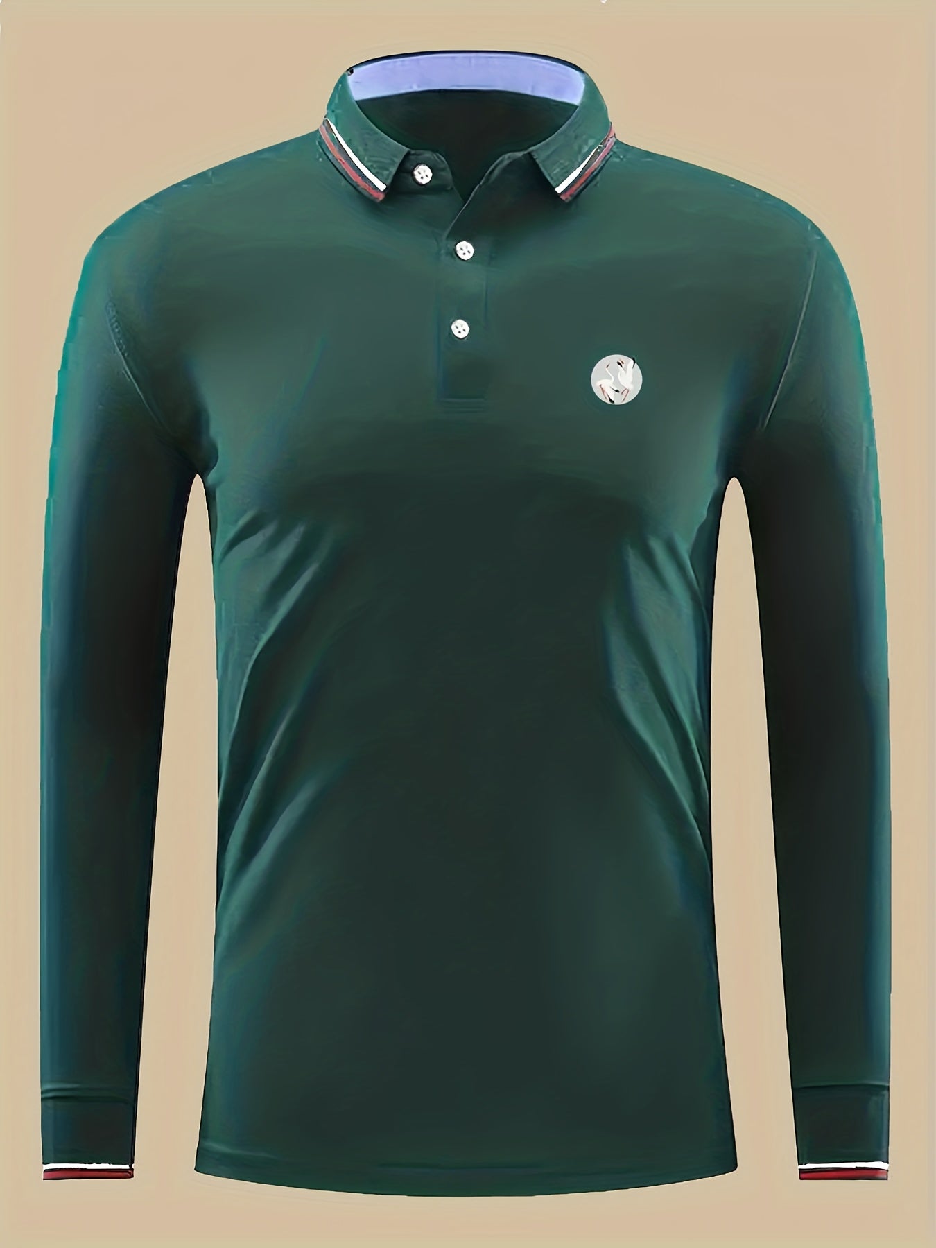 Crane Print Men's Casual Long Sleeve Polo Shirt