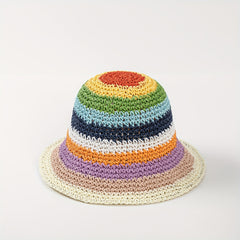 Rainbow Striped Sun Hat Boho Crochet Straw Cloche Hat LGBT Pride Bucket Hat
