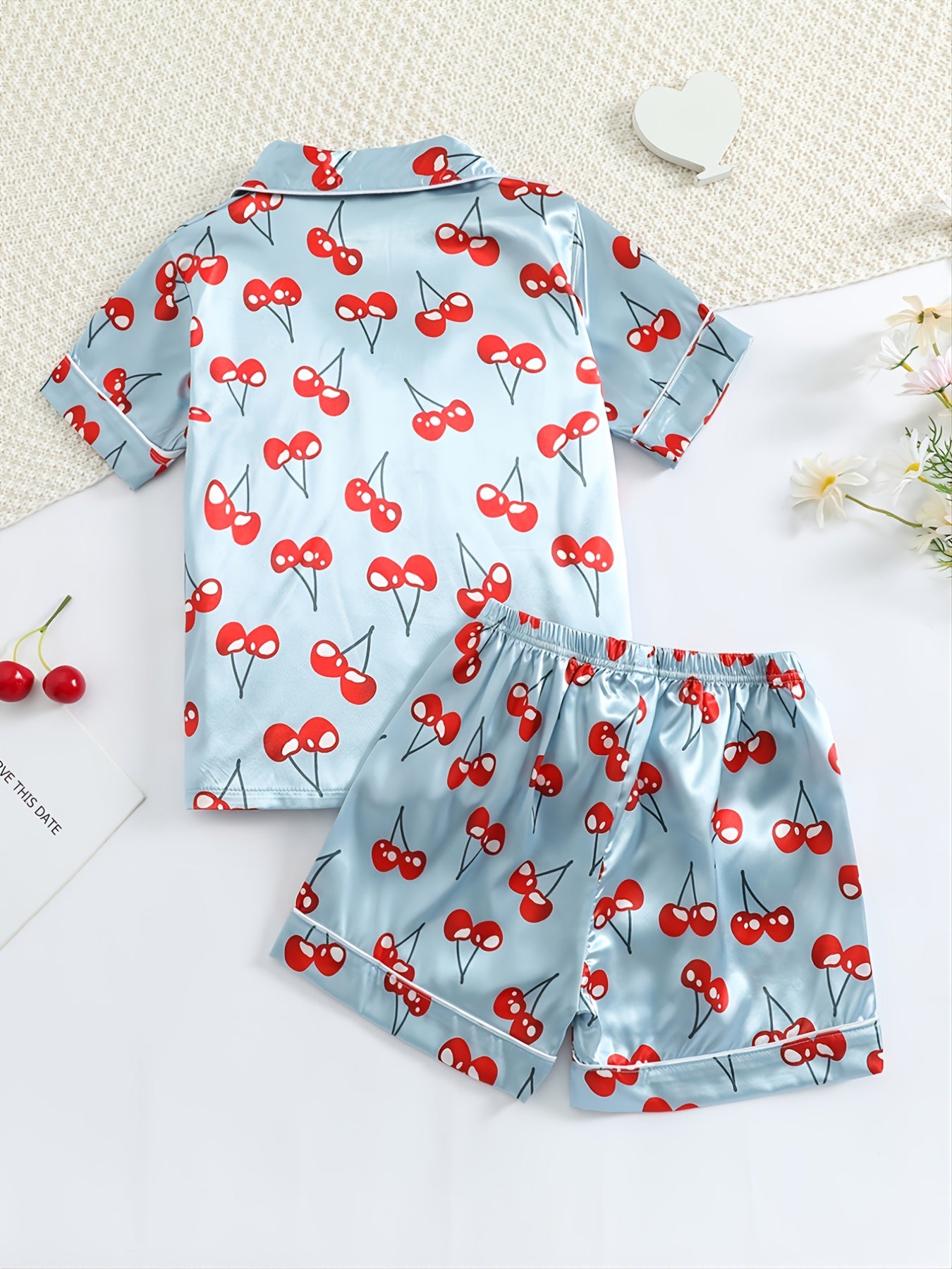 Girls Cherry Print Short Sleeve Shorts Pajama Set