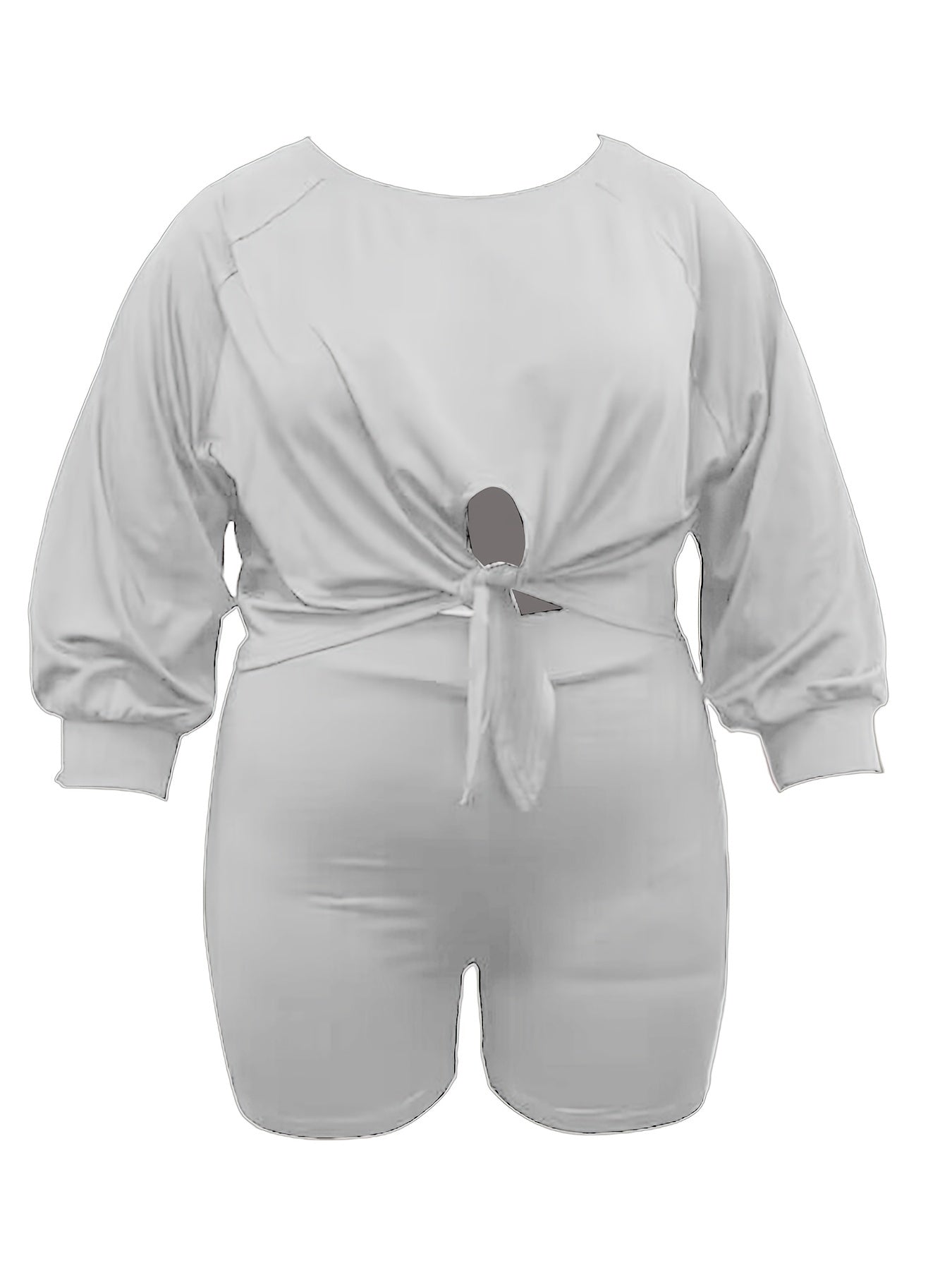 Casual Outfits Set Women Plain Long Sleeve Crop Top & Shorts 2pcs