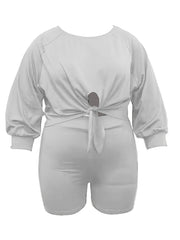 Casual Outfits Set Women Plain Long Sleeve Crop Top & Shorts 2pcs