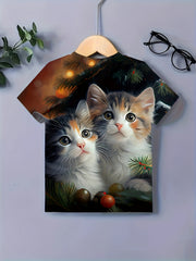 3D Cat Graphic Short Sleeve T-shirt for Girls