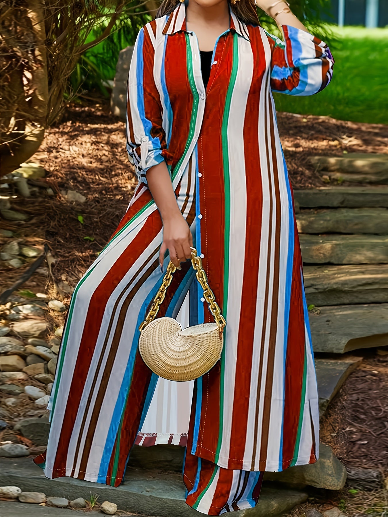 Women's Plus Size Colorblock Stripe Print Blouse & Wide Leg Pants Set