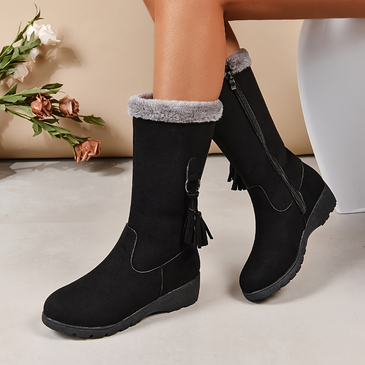 Warm Faux Fur Lined Winter Boots Flat Heel Round Toe Boots
