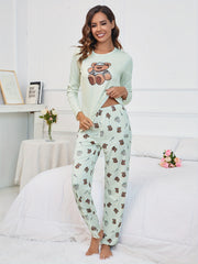 Bear Print Pajama Set Long Sleeve Top & Pants Women's Sleepwear
