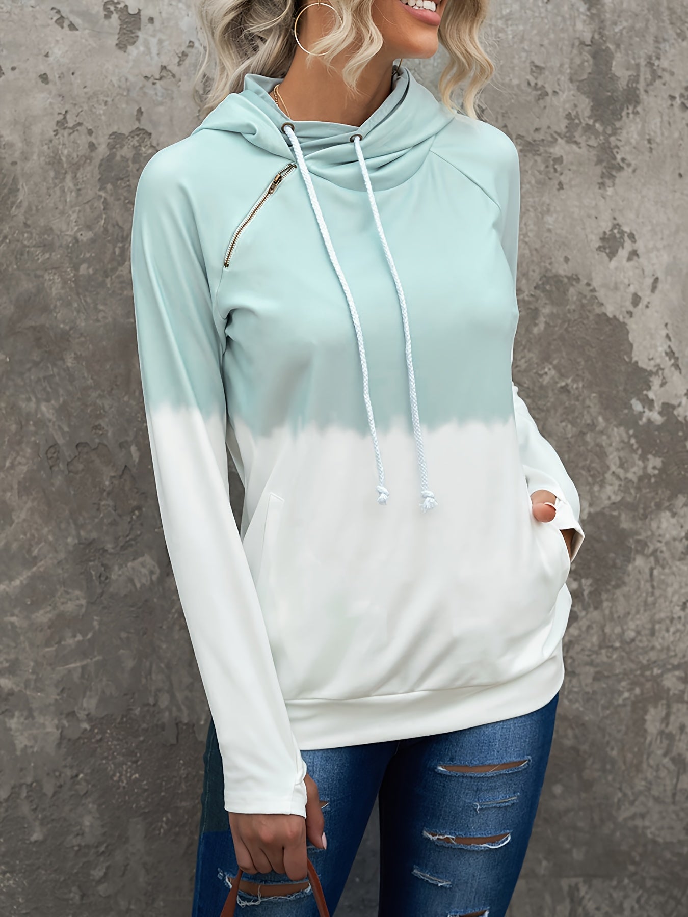 Two Tone Zipper Hooded Sweatshirt Block Pullover Top Women's Activewear