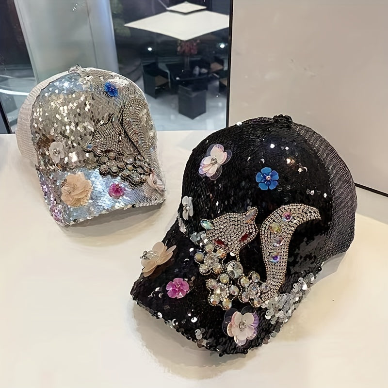 Rhinestone Fox Sequin Baseball Cap Hip Hop Trucker Hat