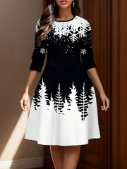 Tree & Snowflake Print Round Neck Dress