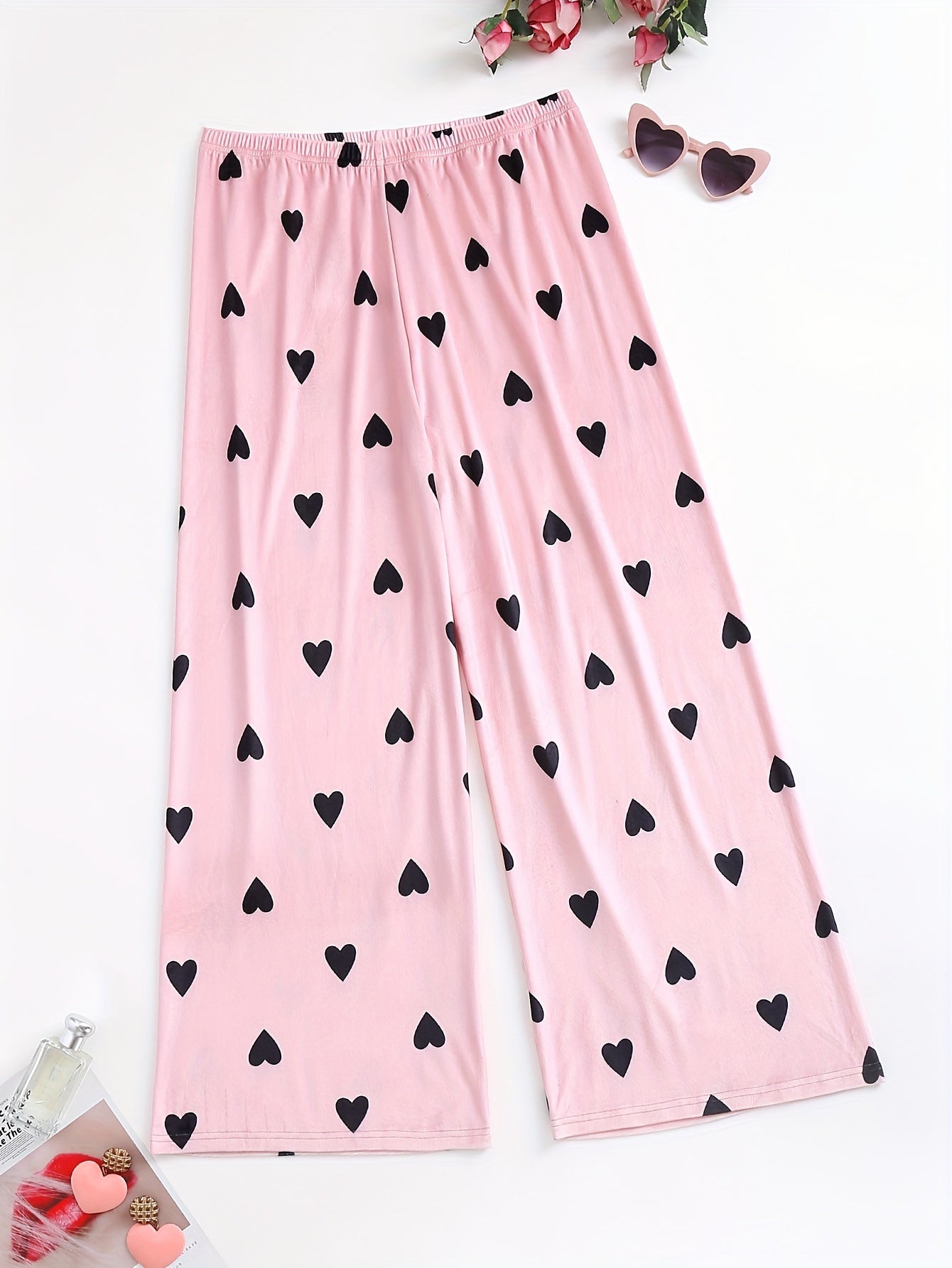 Heart Print Elastic Waist Home Wear Pants