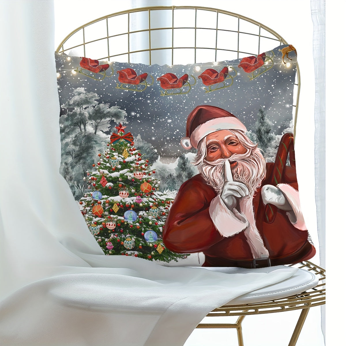 Christmas Tree Santa Claus Print Pillow Cover for Home Decor