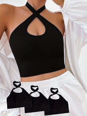 3pcs Solid Halter Tops Sleeveless Stretch Top Women's Lingerie
