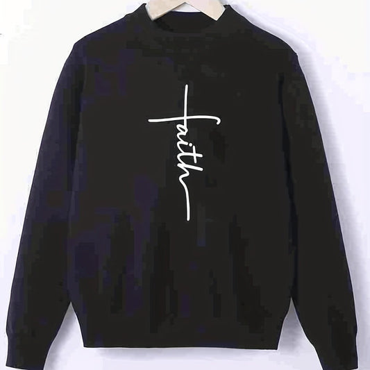 Faith Print Crew Neck Sweater Men's Casual Warm Pullover