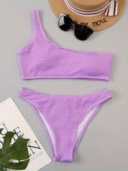 Green Embossed Striped Print Bikini Set One Shoulder High Cut 2 Pieces Swimsuit