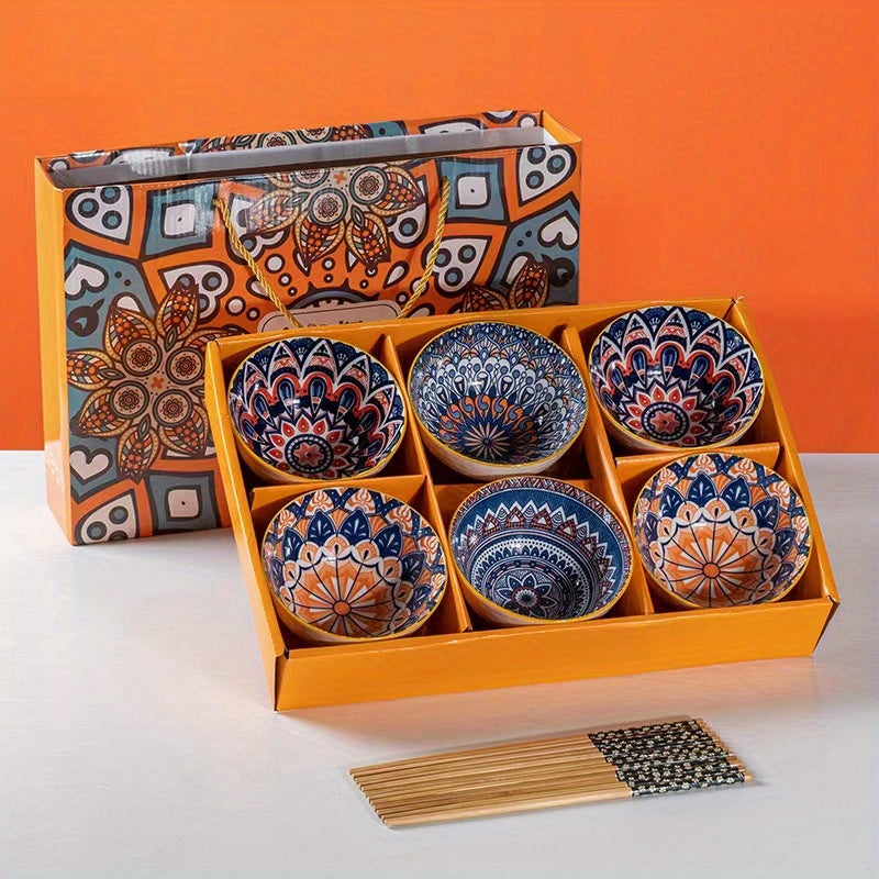 Bohemian Ceramic Rice Bowls Set of 4 Assorted Dinnerware Geometric Pattern