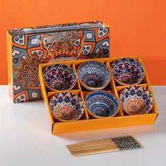 Bohemian Ceramic Rice Bowls Set of 4 Assorted Dinnerware Geometric Pattern