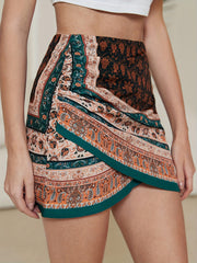 Boho Paisley Print Ruched Mini Skirt High Waist Summer Skirt