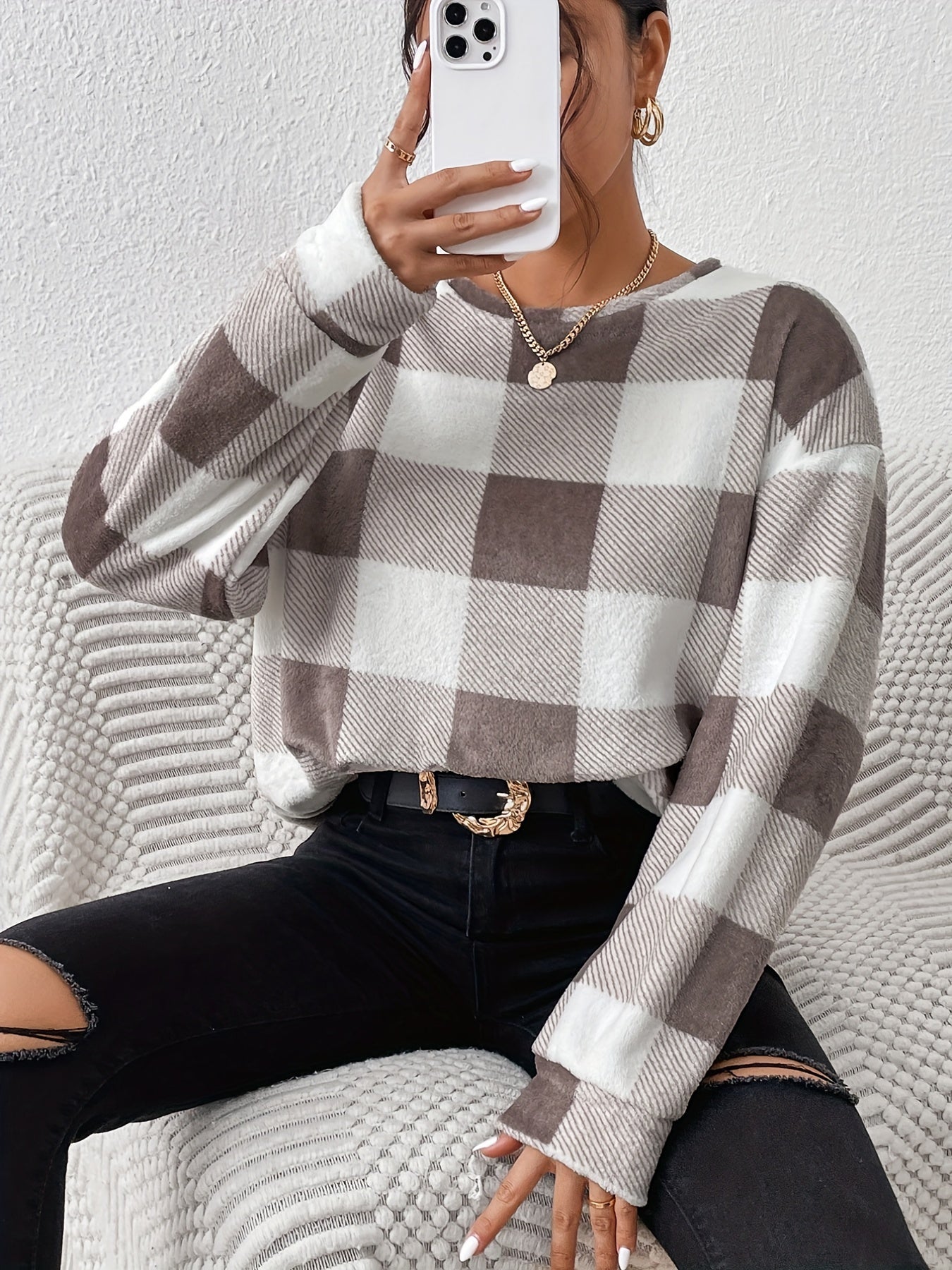 Plaid Pullover Sweatshirt Crew Neck for Fall & Winter Women's Clothing