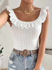 Eyelet Ruffle Trim Tank Top Sleeveless Summer Top
