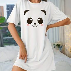 Panda Print Nightdress Short Sleeve Crew Neck Pajama Dress Women's Sleepwear