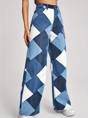 Colorblock Geometric Pattern Straight Jeans Women's Denim Pants