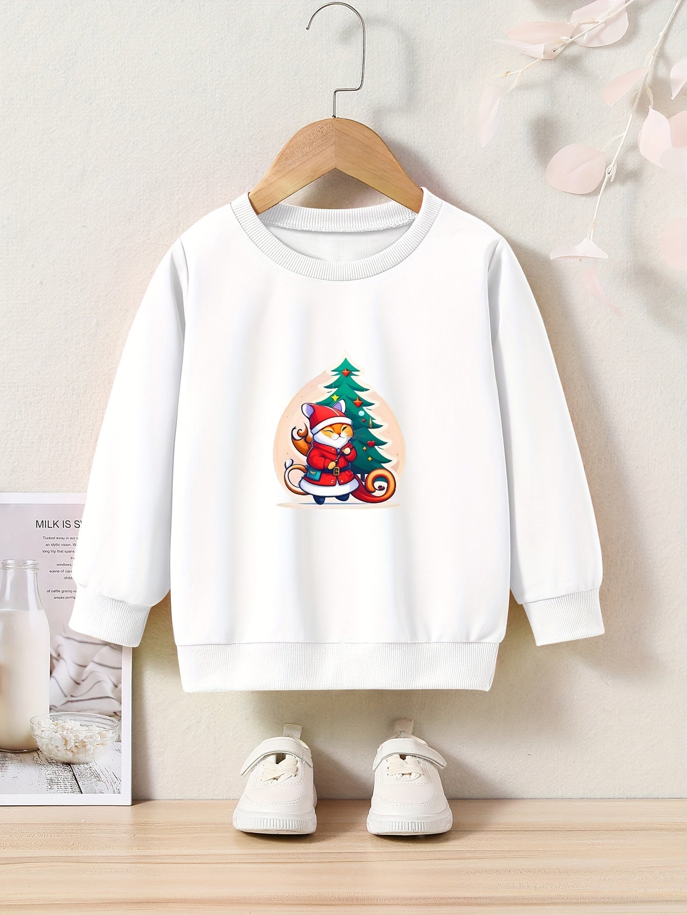 Christmas Cat Santa And Tree Print Girls Casual Pullover Sweatshirt