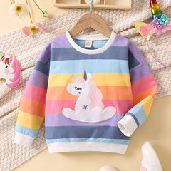 Baby Girls Pullover Rainbow Striped Unicorn Embroidered Sweatshirt