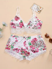 Contrast Lace Floral Print Push Up Lingerie Set Women's Plus