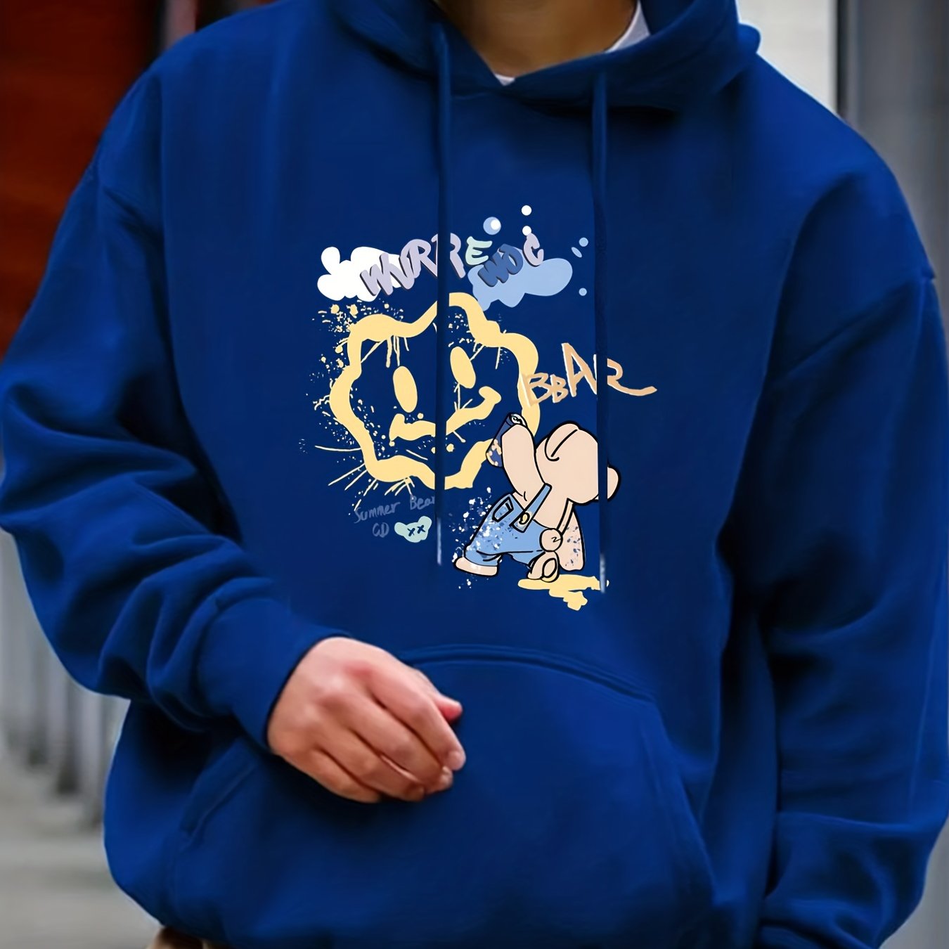 Cartoon Bear & Smile Face Print Hoodie for Men