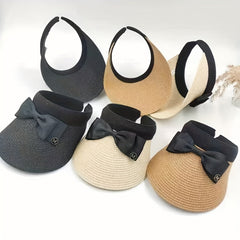 Bow Decor Sun Visor Hat Casual UV Protection Foldable Straw Sun Hat