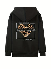 Kind Heart Print Zip Up Pocket Hoodie Sweatshirt