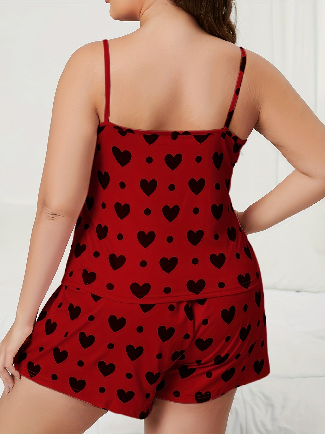 Heart & Polka Dot Print Round Neck Cami Top & Shorts Two Piece Set