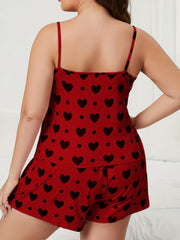 Heart & Polka Dot Print Round Neck Cami Top & Shorts Two Piece Set