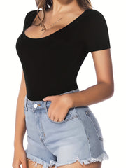 Solid Scoop Neck Bodysuit Short Sleeve Summer Women