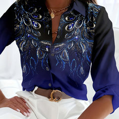 Peacock Print Ombre Button Up Long Sleeve Lapel Collar Shirt Top