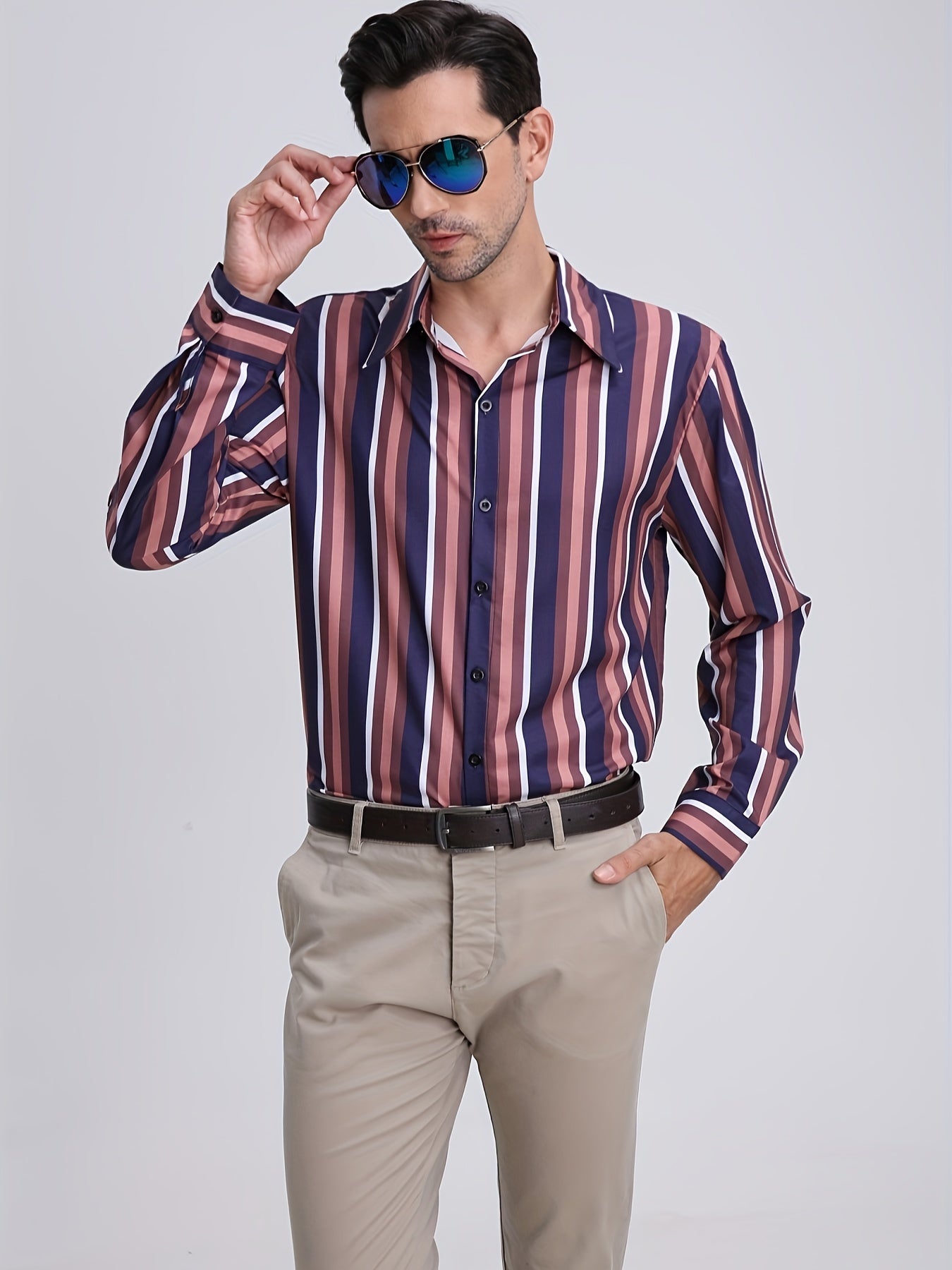 Men's Vertical Striped Casual Shirt Regular Fit Long Sleeves