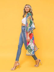 Boho Kimono Floral Print Half Sleeve Beach Cover Up
