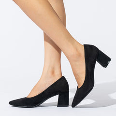 Point Toe Suedette Court Pumps Chunky Heeled Pumps