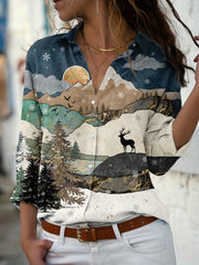 Painting Print Button Up Long Sleeve Blouse