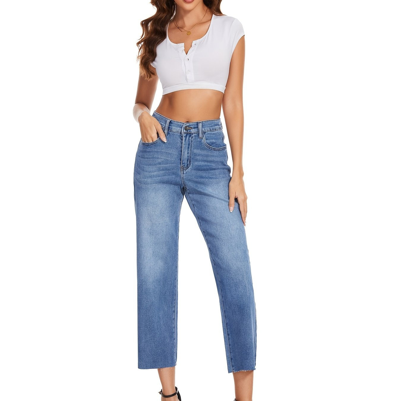 High Rise Straight Leg Jeans Loose Embossed Crotch Pocket Long Pants