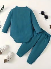 2pcs Baby Boy HI I'M HERE Long Sleeve Romper Top & Trousers Set
