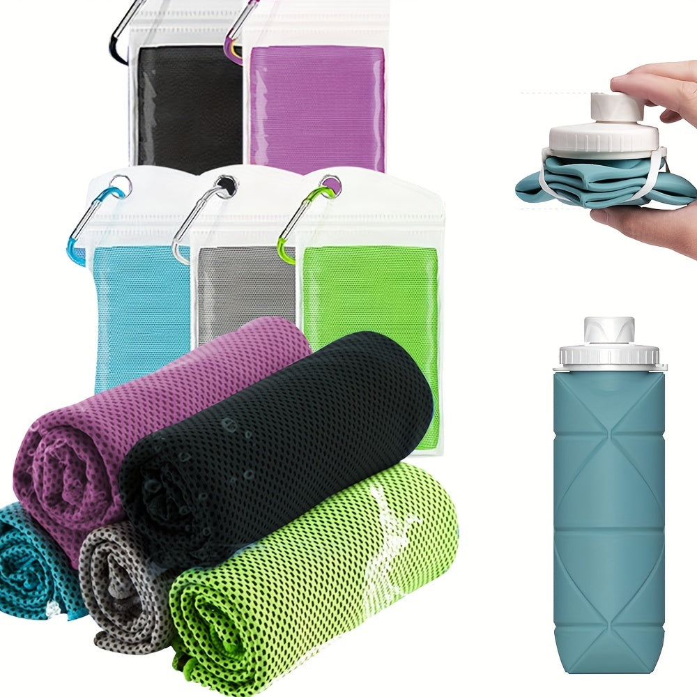 5pcs Ice Towel & Silicone Foldable Water Cup Set