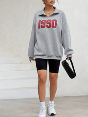 1990 Print Pullover Sweatshirt Long Sleeve Polo Collar for Fall & Winter