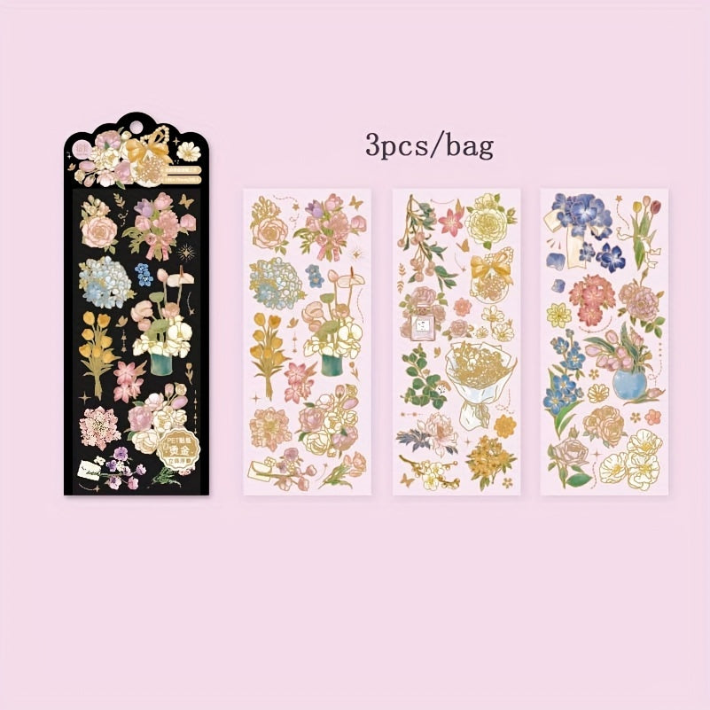 3sheets Hot Stamping Stickers Plants Flowers Scrapbook Diary Album