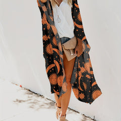 Sun & Moon Print Side Split Open Front Cover Up Cardigan