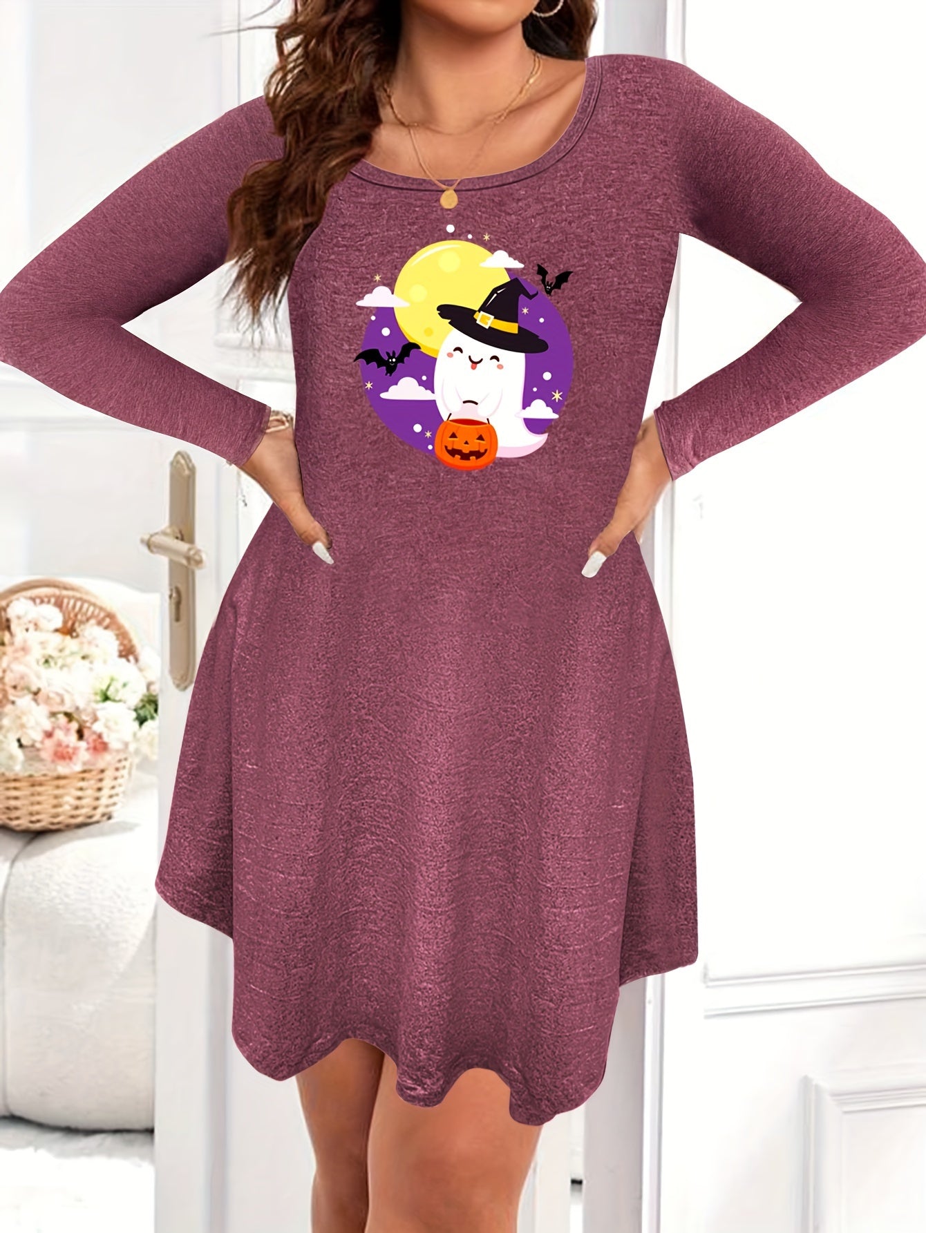 Halloween Nightdress Women's Plus Cartoon Ghost & Bat Print