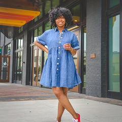 Dark Short Sleeves Denim Dress Tiered Babydoll Single Breasted Button Lapel