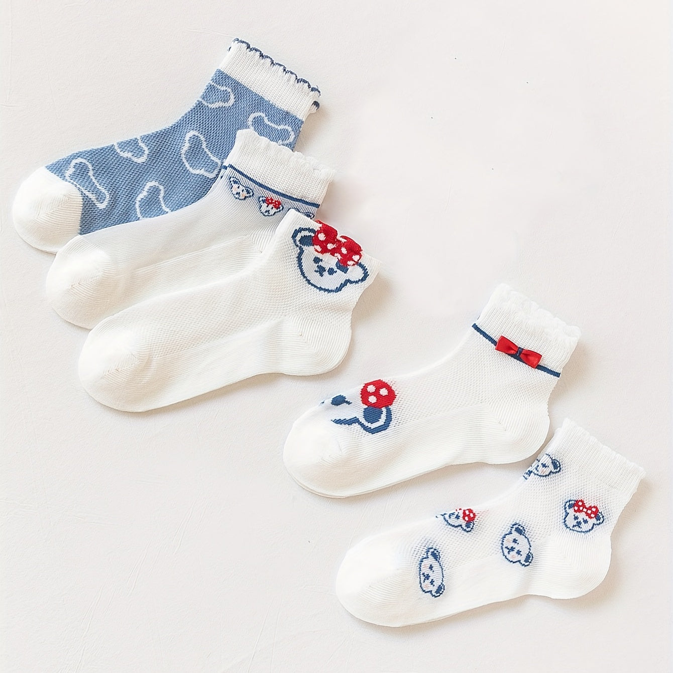 5pcs Cartoon Cat Breathable Lace Crew Socks Girls Cotton Socks