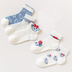 5pcs Cartoon Cat Breathable Lace Crew Socks Girls Cotton Socks