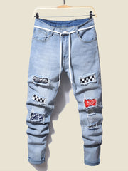 Plaid Ripped Jeans Men s Casual Street Style Distressed Denim Pants